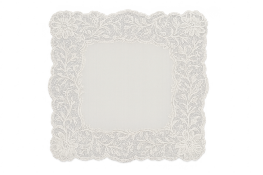 White lace handkerchief with floral embroidery on transparent background