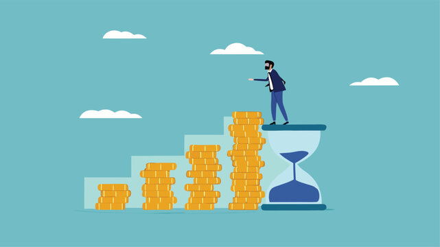 long term investment concept, Growth Earning From Compound Interest In Long Term Investing, businessman makes financial growth graph by stacking gold coins on top of hourglass vector illustration