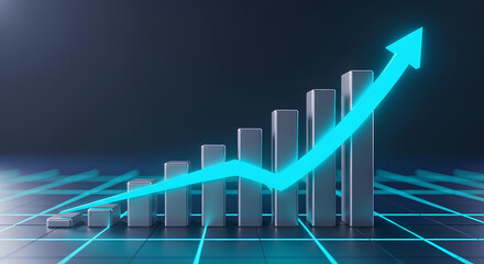 Business growth chart, stock market graph with glowing arrow up. Financial success and investment profit concept. Business growth graph showing data analysis, upward arrow on a financial chart.