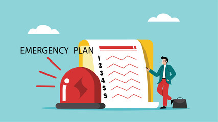 business emergency action plan with businessman holding pencil standing next to siren and emergency plan list paper, emergency action plan, emergency action plan when business disaster occurs 