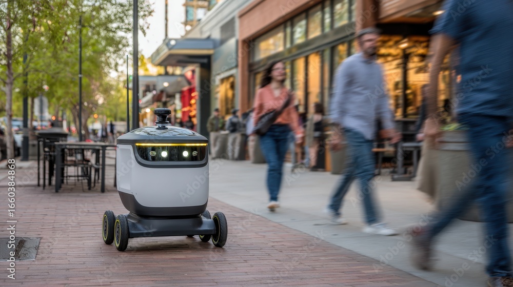 Poster side medium shot of an autonomous delivery robot moving along a sidewalk main robot in clear focus w