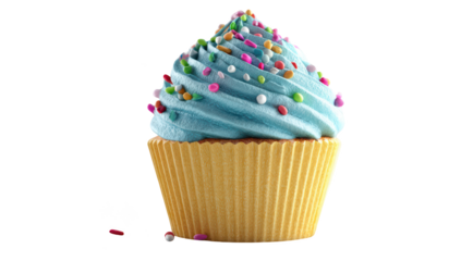 Delicious cupcake with blue frosting and colorful sprinkles. Isolated on black background