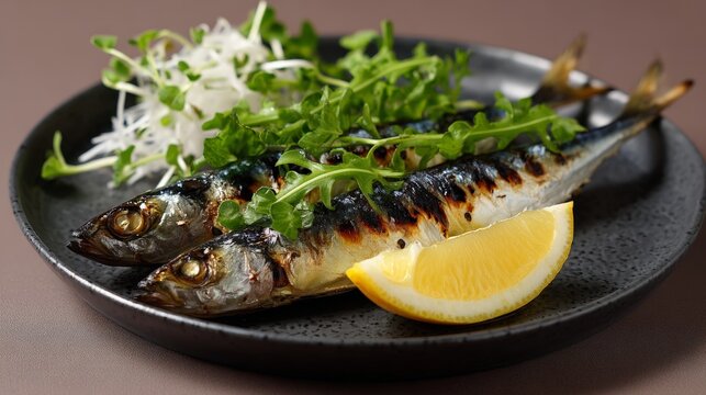 Grilled pacific saury with lemon wedge and fresh greens for a delicious gourmet meal.