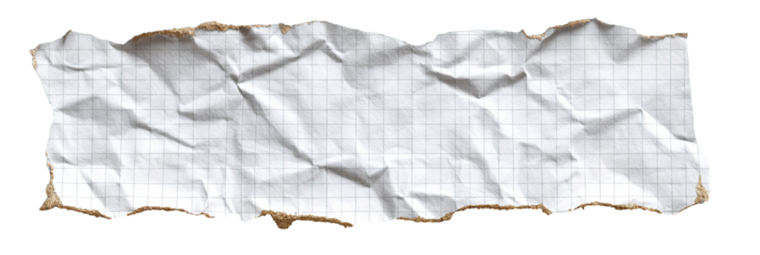 Roughly torn and creased paper with a grid, isolated on a transparent background with burnt edges.
