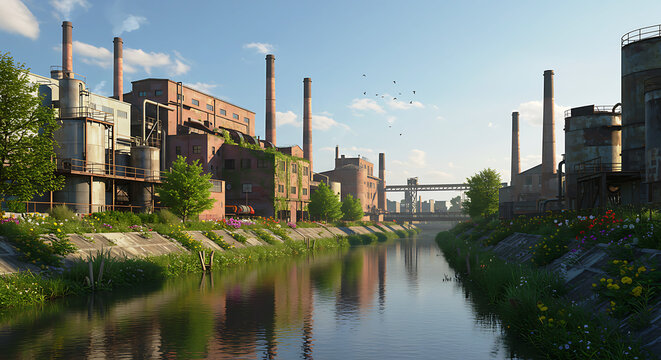 An old industrial factory next to a peaceful river with an attractive nature. - Powered by Adobe