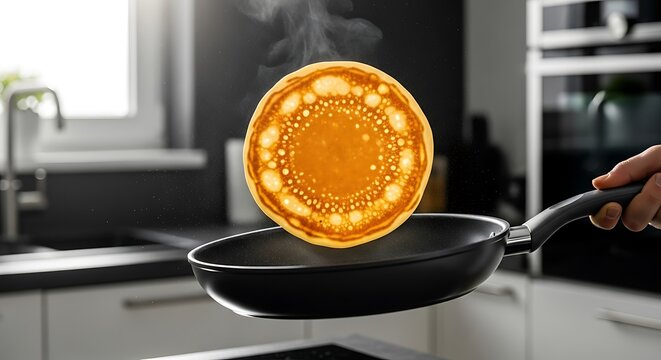 A dynamic and skillfully captured action shot of a perfectly golden-brown pancake frozen in mid-air as it's expertly flipped in a non-stick frying pan.