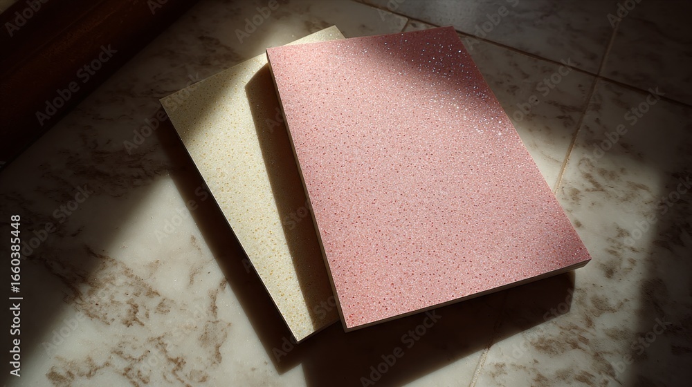 Poster two stacked cards with textured surfaces on a marble background illuminated by soft light