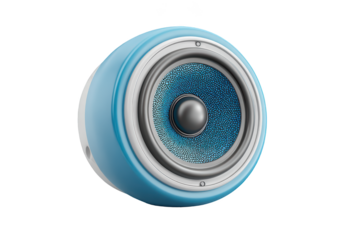 Vibrant, round, blue speaker with silver accents and a detailed speaker face