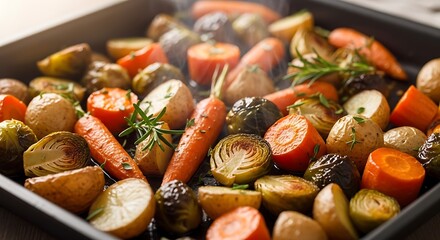 A vibrant and appetizing close-up of freshly roasted root vegetables steaming on a dark baking sheet, straight from the oven.