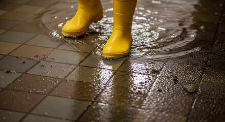 Close-up of Yellow Rain Boots Stepping Through Water on a Tiled Floor