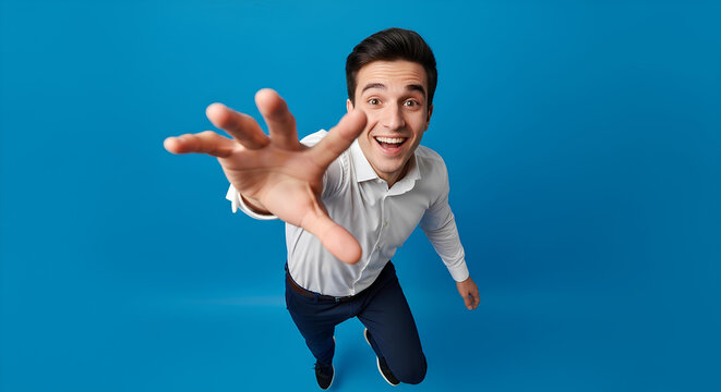 Excited young man reaching hand forward to grab something. Happy businessman offering a helping hand or taking something. Man's hand reaching out for help, connection, or opportunity.