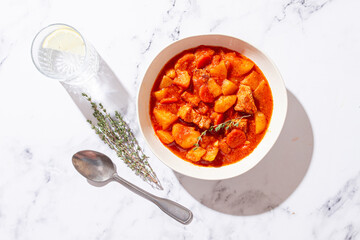 meat goulash with potatoes and carrots, sweet peppers, in a saucepan, top view, traditional Hungarian soup, homemade, no people,