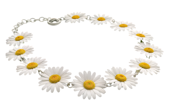 Daisy chain necklace on a black background close up