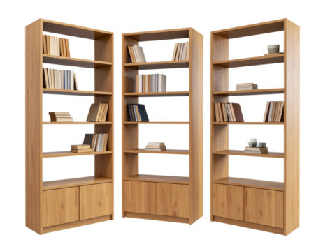 “Modern Minimalist Bookshelves with Storage Cupboards, isolated on transparent background”.