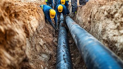 Workers repair a pipeline in a trench. They wear yellow helmets and blue uniforms. The scene shows two large black pipes surrounded by dirt.