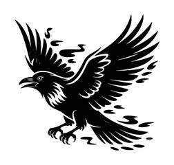 Black Raven in Flight with Stylized Feathers and Smoke