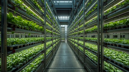 Fototapeta premium Indoor Vertical Farm – High-Tech Greenhouse with Rows of Fresh Plants