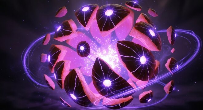 A glowing, fragmented spherical object with purple energy emanating outwards, surrounded by swirling light trails and dark, ethereal particles. - Powered by Adobe