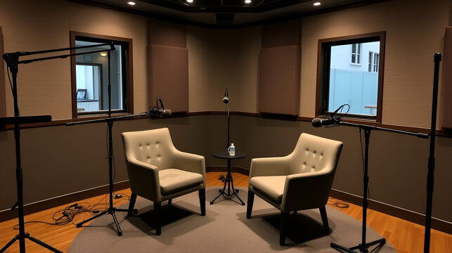 The interior of a studio is set up for podcasting and interviews, featuring two chairs.