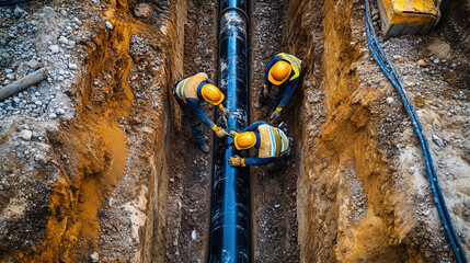Four workers repair a black pipeline in a trench. They wear yellow helmets and safety vests. The ground is uneven with dirt and gravel.