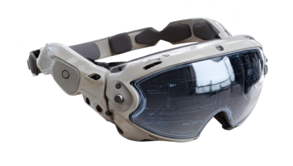 Futuristic VR/AR headset with display, straps, and controls, white and techy