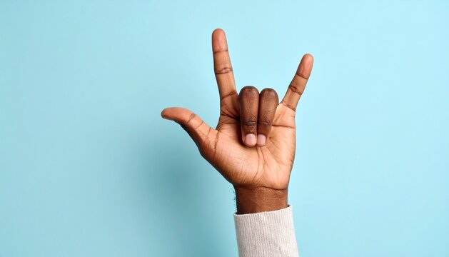 Rock On Hand Gesture on Soft Blue Background