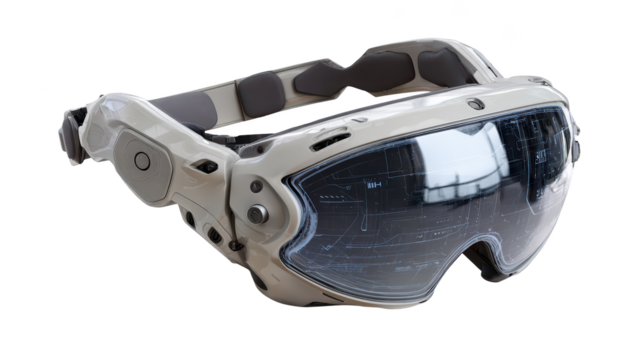 Futuristic VR/AR headset with display, straps, and controls, white and techy