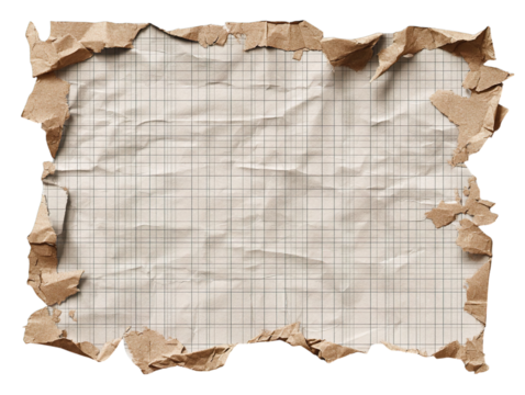 Torn and crumpled old paper sheet with grid lines, isolated on transparent background.