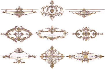 Assortment of decorative vintage frames and flourishes with gold and pink accents on white