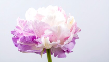 A delicate, double-toned tulip, showcasing a gradient of soft pinks and whites, captivates with its intricate, ruffled petals against a neutral backdrop.