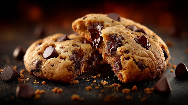 Close-up shot of a delicious chocolate chip cookies, one broken in half, revealing the rich chocolate filling. 