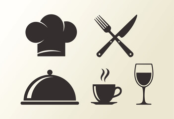 A comprehensive vector silhouette set of essential restaurant and dining icons including a chef's hat, cutlery, cloche, coffee cup, and wine glass.