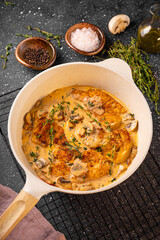 Fried chicken breast fillet in creamy mushroom sauce with champignons and oregano vertical photo