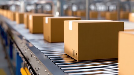 Packages moving along a conveyor belt in a modern warehouse, showcasing efficient logistics operations