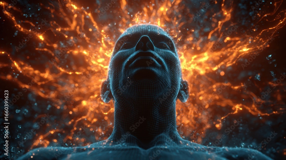 Poster wireframe human head glowing with orange and blue energy particles, revealing neurological patterns 