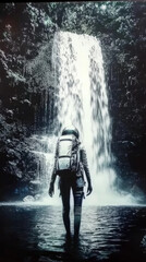 Obraz premium An astronaut exploring a vibrant, alien world. The adventurer stands before a powerful waterfall.