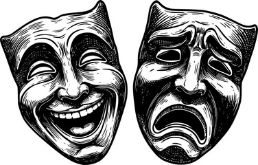 Theater or theatre drama comedy and tragedy masks in a vintage woodcut etching style
