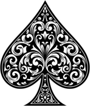 An ace of spades filigree symbol abstract playing card scroll pattern design motif in a vintage etched style

