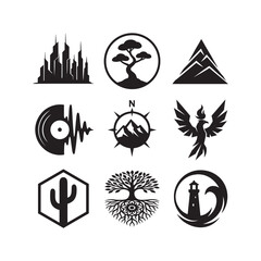 Collection of Minimalist Black Logos Featuring Urban Nature and Symbolic Designs for Diverse Branding Applications Showcasing Cityscapes Trees Mountains and Cultural Identity