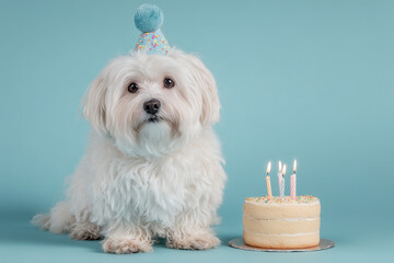White Havanese dog with birthday hat and cake