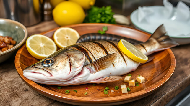 Snakehead fish for cooking food, striped snakehead fish chopped with ingredients lemon on wooden plate and table kitchen background, Fresh raw Snake head fish menu freshwater fish