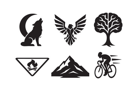 Collection of Outdoor and Nature Icons Representing Wildlife and Adventure Activities Minimalist Design
