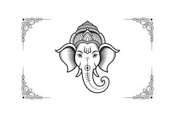 Elegant Ganesha Illustration with Decorative Border for Spiritual and Cultural Projects black and white line art illustration hindu god