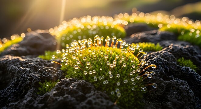 Close-up of vibrant green moss covered in sparkling dew drops on dark textured rocks, bathed in warm morning light with beautiful bokeh. - Powered by Adobe