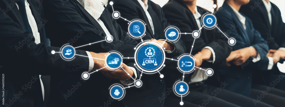 Poster business team collaboration with crm technology and digital icons representing data management and c