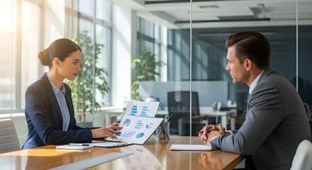 Business professionals discussing financial data and charts in a modern office meeting