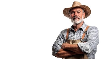 Happy Male Farmer in Straw Hat and Denim Overalls Isolated transparent on white background