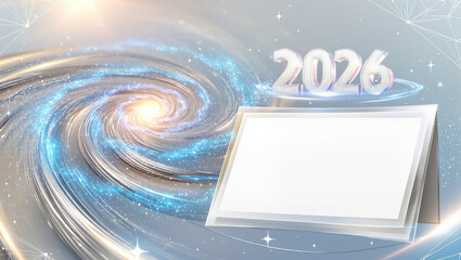 A mesmerizing visual of 2026 with swirling cosmic lights and a glowing spiral, blending the magic of space with a hopeful new beginning.