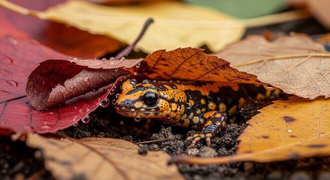 Orange and black salamander burrowing into moist soil with autumn leaves to prepare for winter hibernation