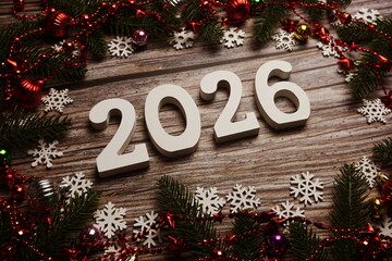 2026 Happy New Year and Christmas decoration on wooden background